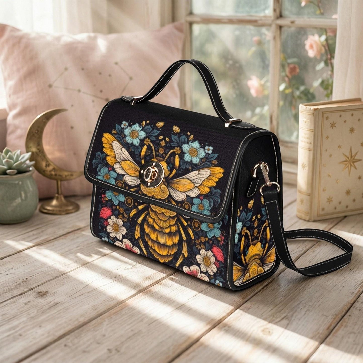 Bee floral handbag, top handle purse, dark botanical bag, cottagecore statement accessory