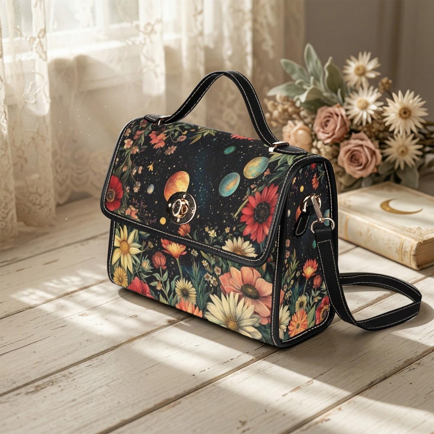 Celestial Floral Handbag, Planet Print Top Handle Purse, Boho Astrology Statement Bag