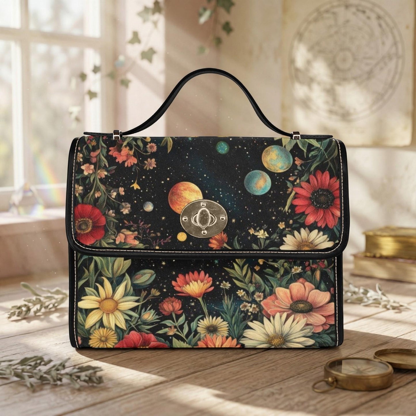 Celestial Floral Handbag, Planet Print Top Handle Purse, Boho Astrology Statement Bag