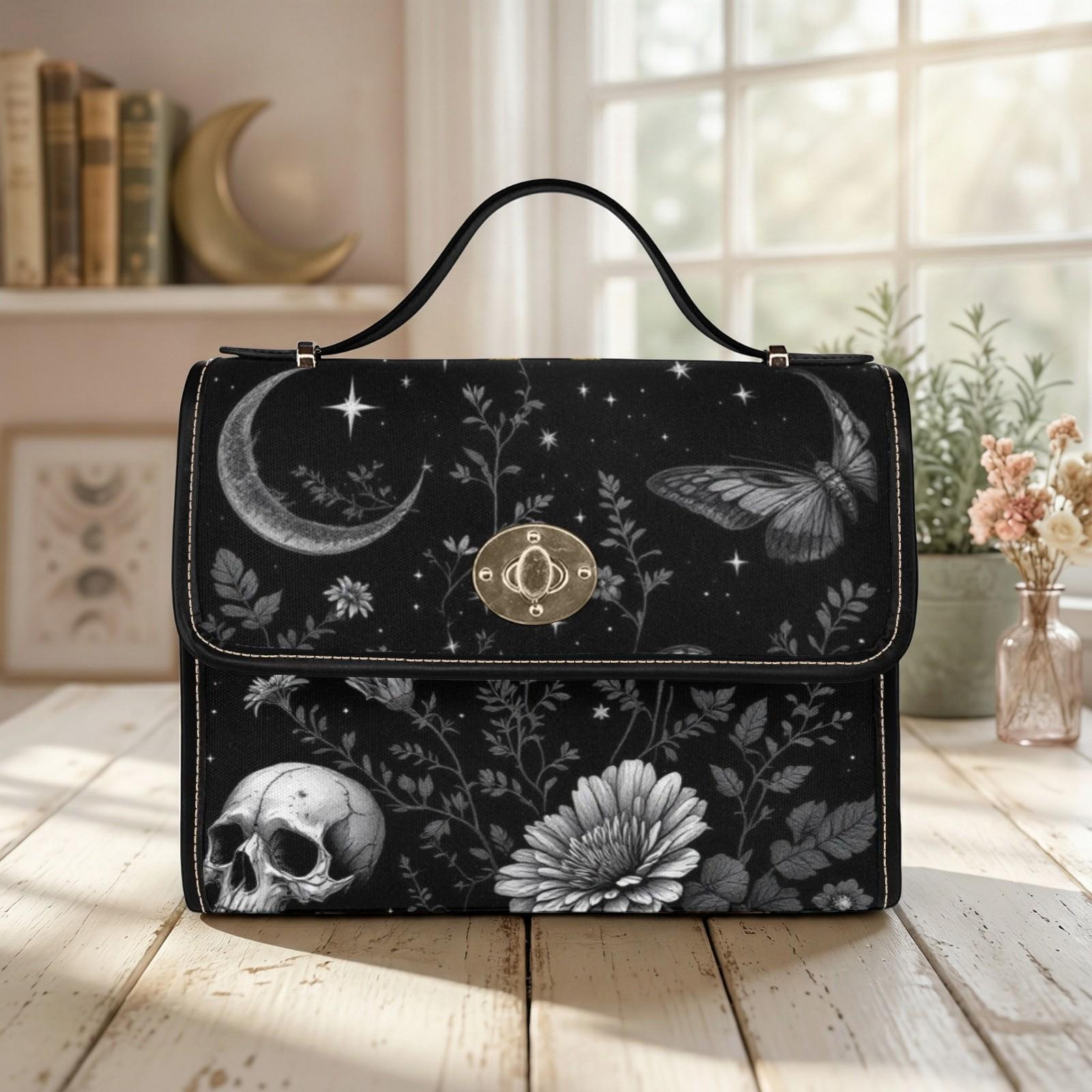 Mystical Moon Skull Bag, Gothic Floral Purse, Celestial Butterfly Handbag, Witchy Night Out Accessory