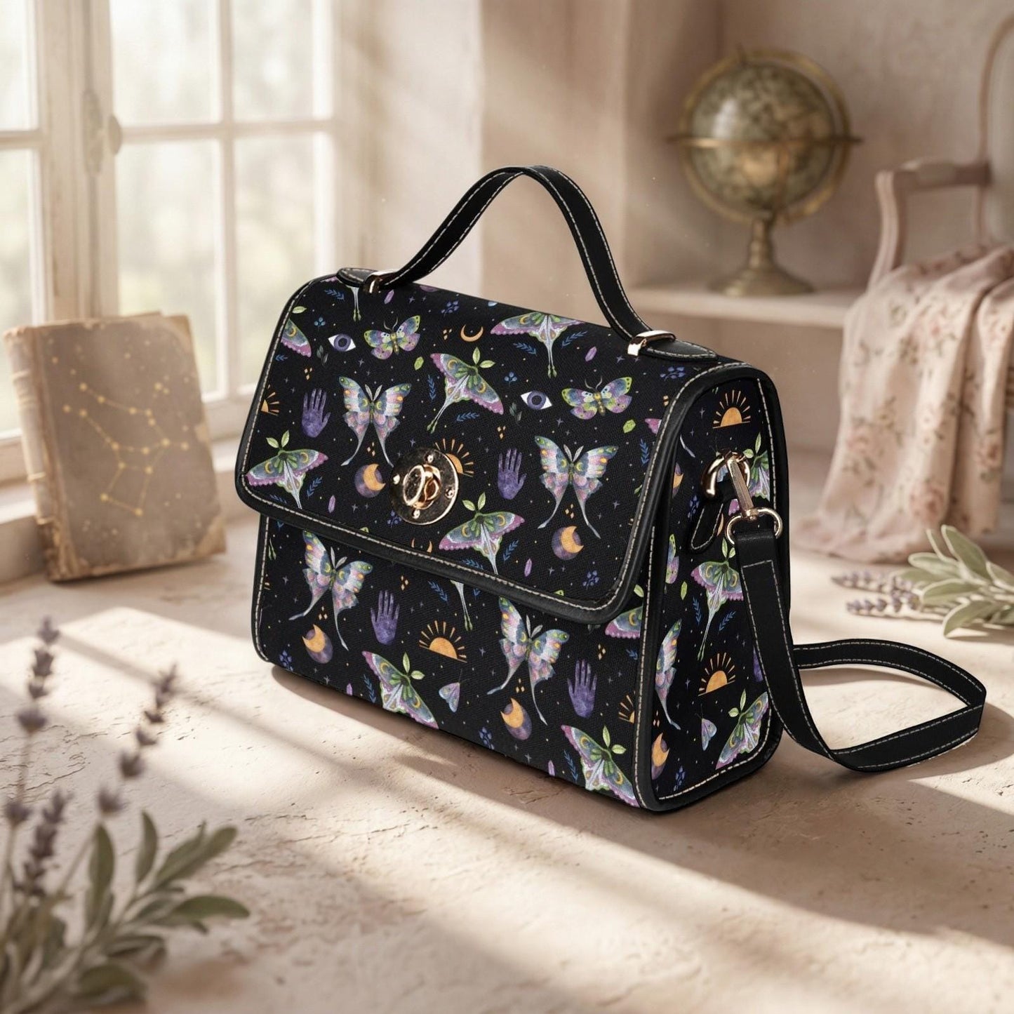 Celestial Moth Handbag, Witchy Top Handle Purse, Butterfly Moon Dark Academia Bag
