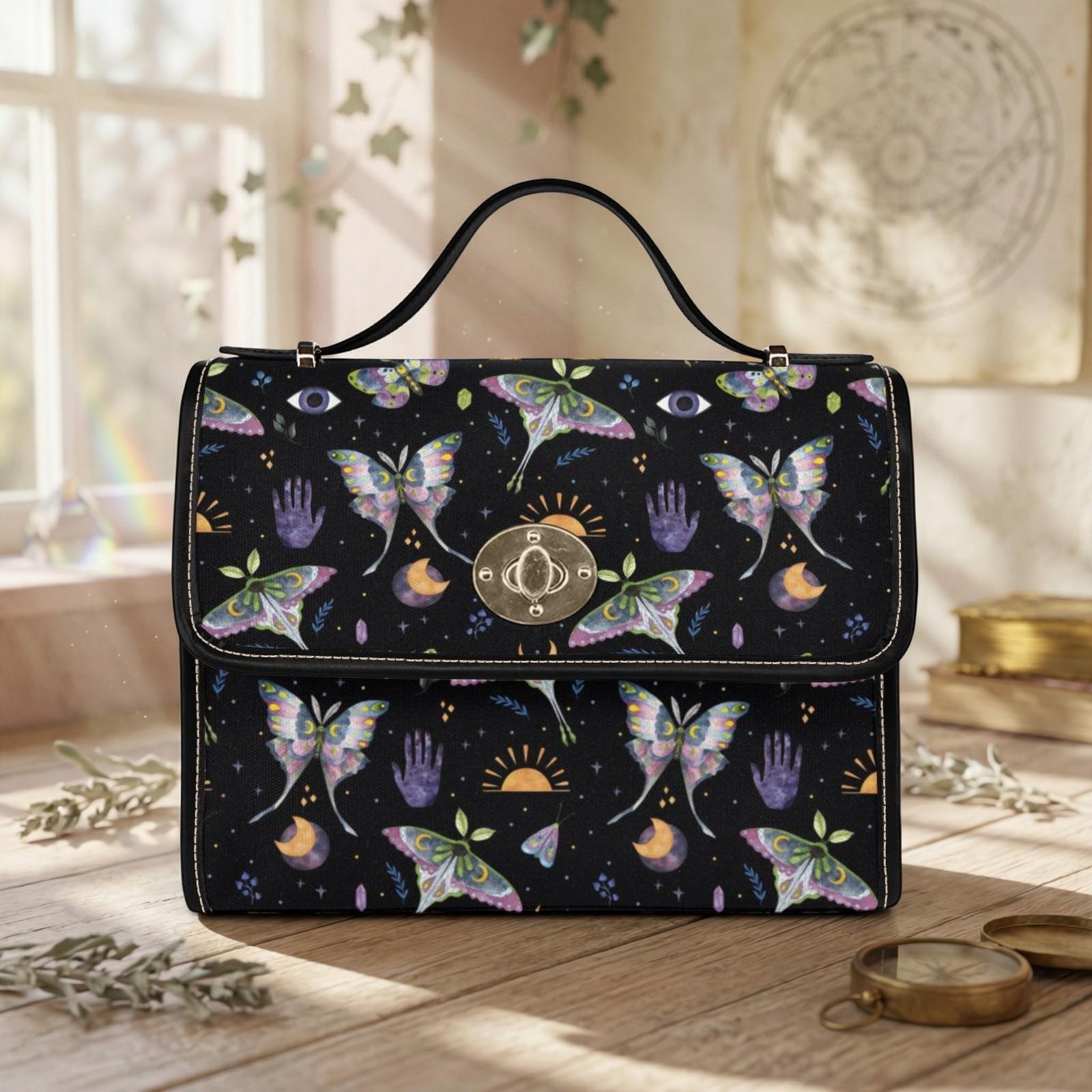 Celestial Moth Handbag, Witchy Top Handle Purse, Butterfly Moon Dark Academia Bag