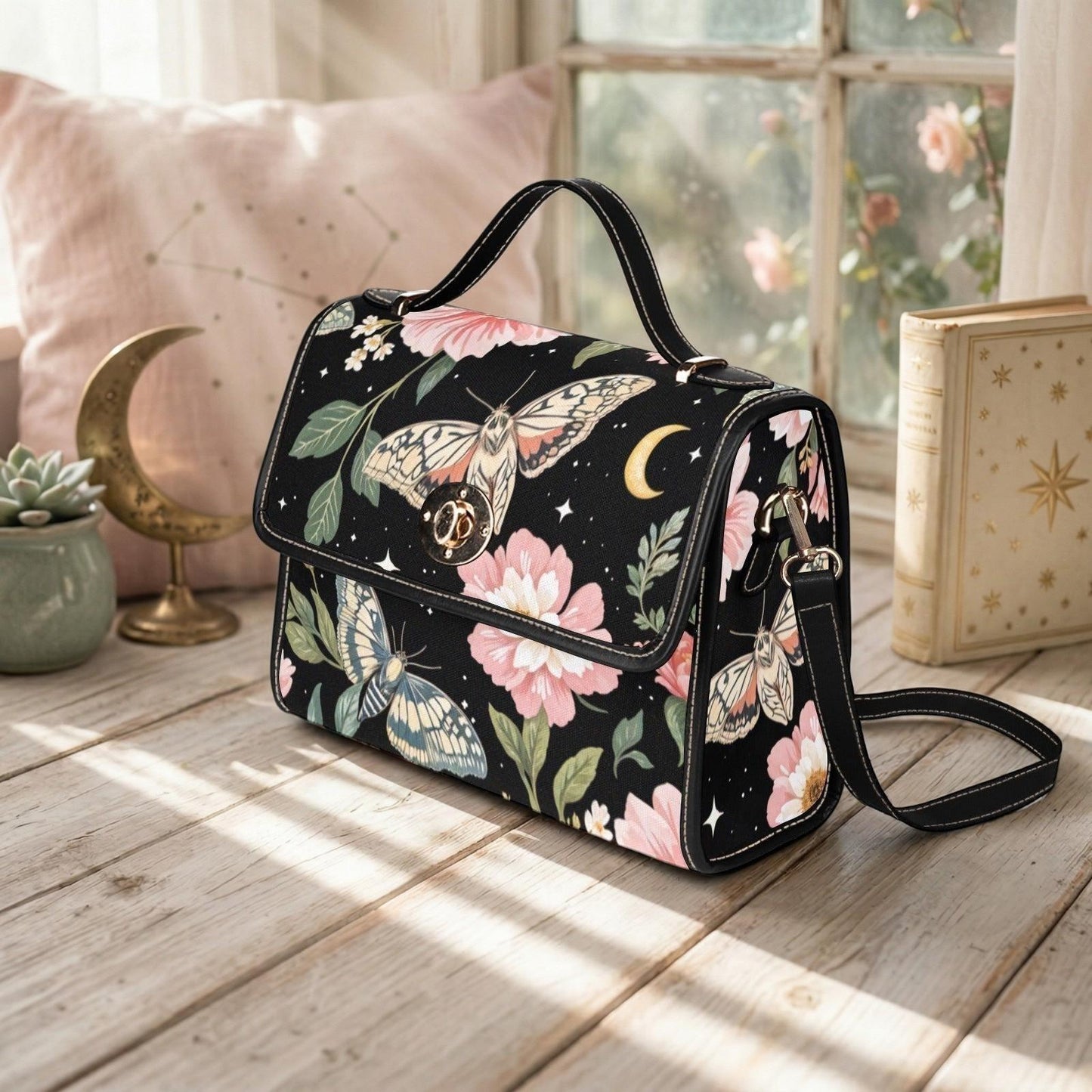 Moth Floral Satchel Bag, Celestial Crossbody Purse, Moonlit Butterfly Handbag for Her