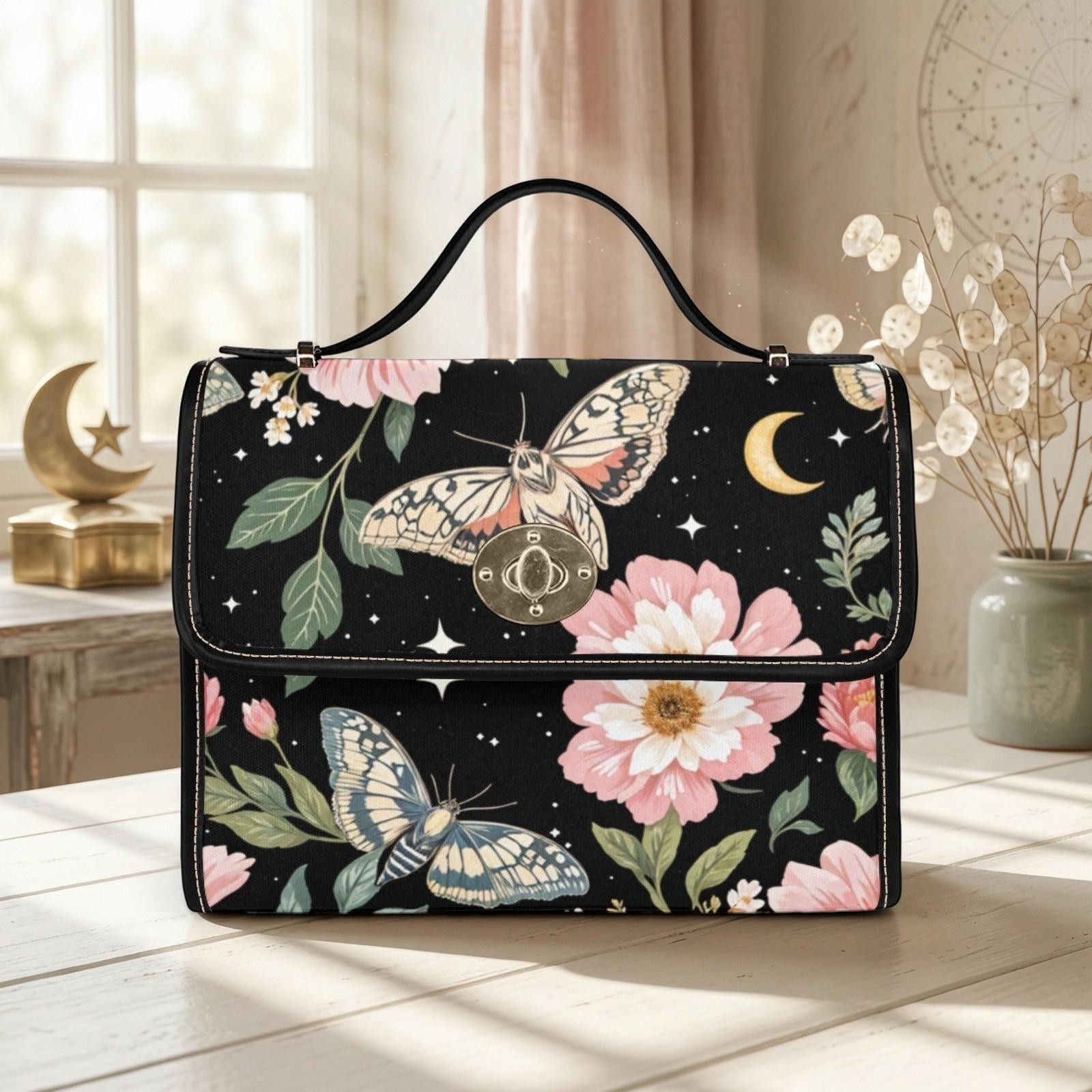 Moth Floral Satchel Bag, Celestial Crossbody Purse, Moonlit Butterfly Handbag for Her