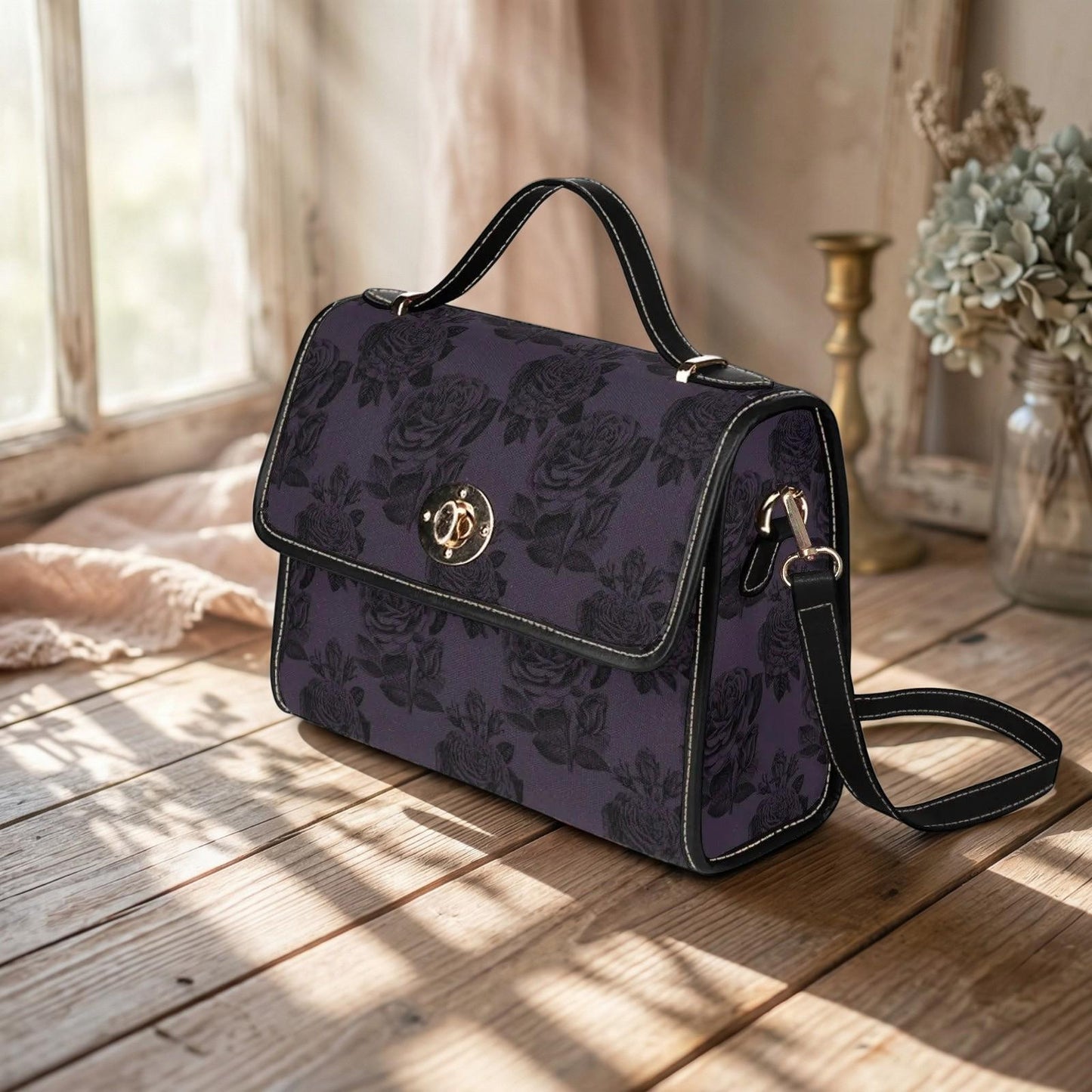 Dark Floral Handbag, Purple Rose Top Handle Purse, Victorian Satchel Bag