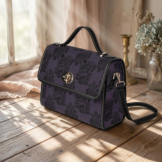 Dark Floral Handbag, Purple Rose Top Handle Purse, Victorian Satchel Bag
