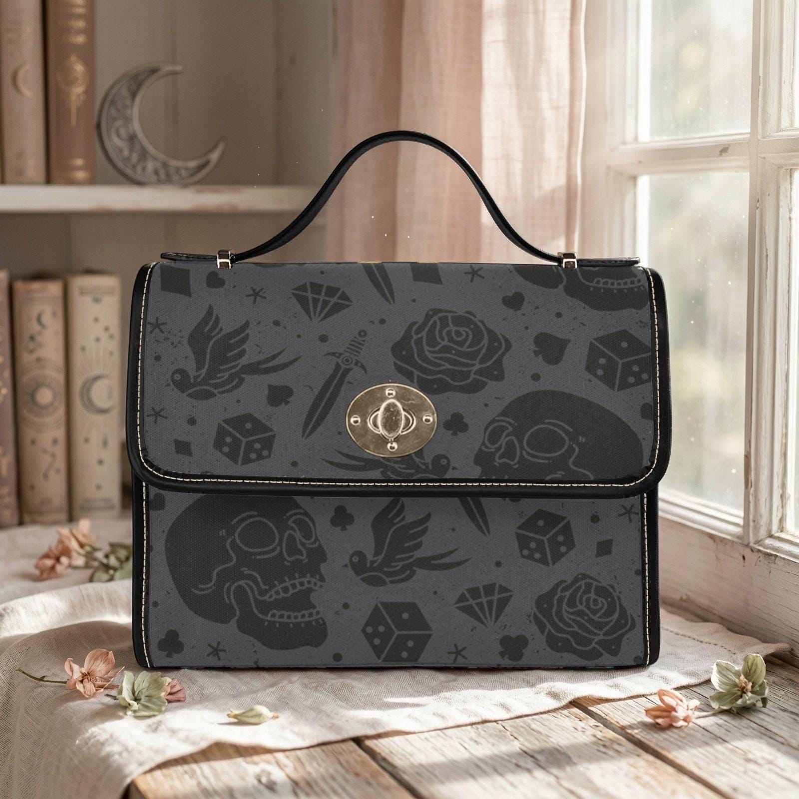 Gothic Skull Purse with Rose Print, Tattoo Flash Handbag, Dark Academia Top Handle Bag