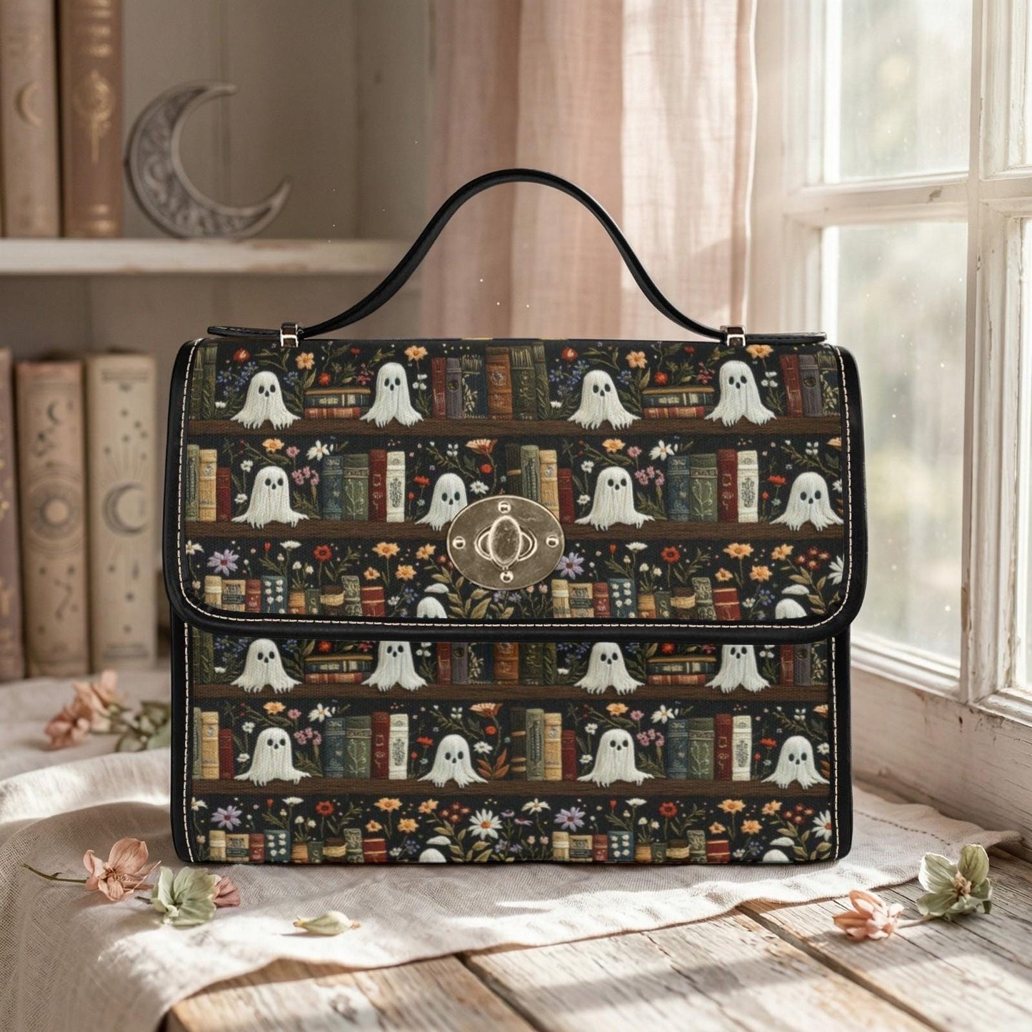 Ghost library satchel, spooky book print crossbody bag, witchy academia purse, haunted books tote