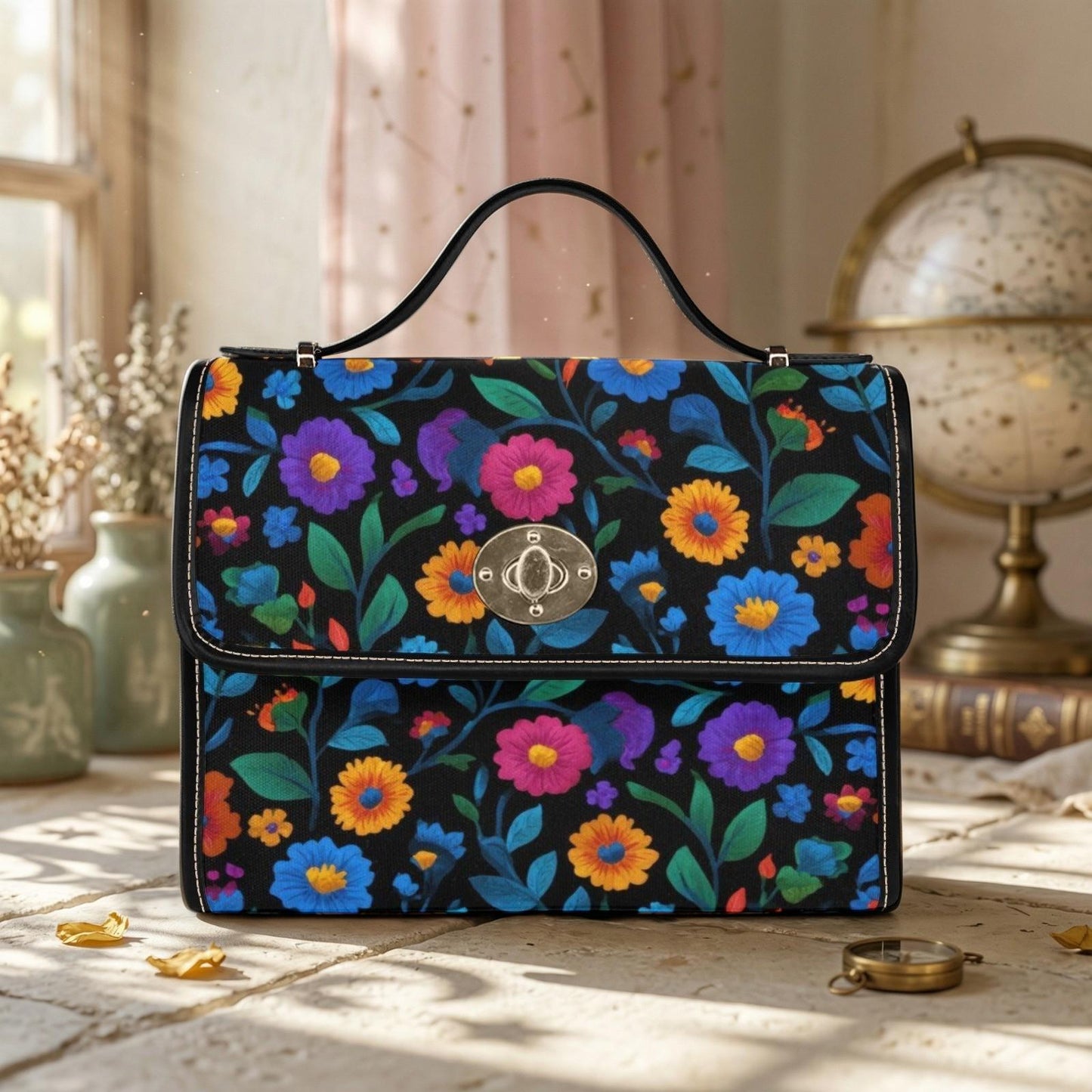 Colorful floral crossbody bag, boho garden canvas purse, vintage waterproof vegan leather strap