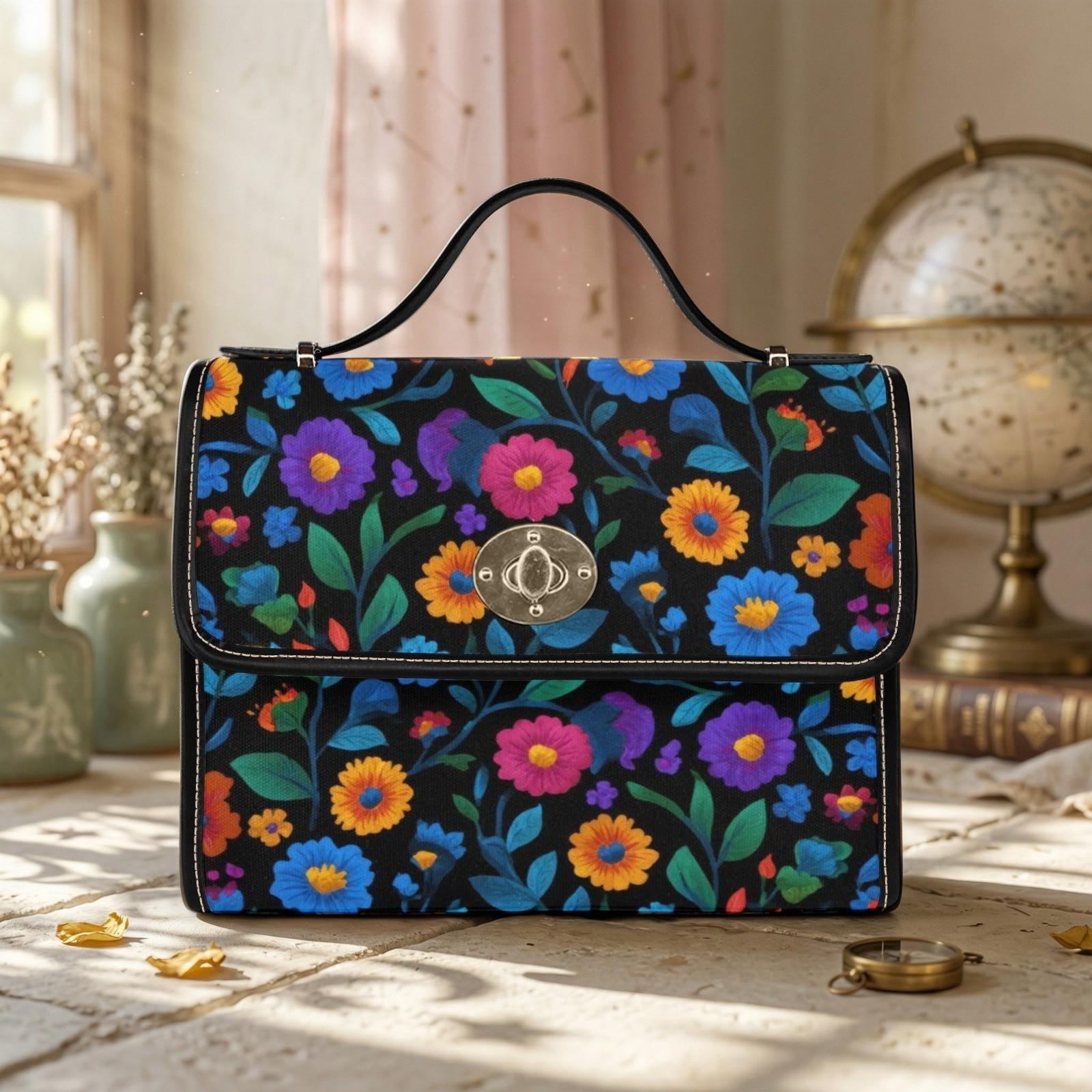 Colorful floral crossbody bag, boho garden canvas purse, vintage waterproof vegan leather strap