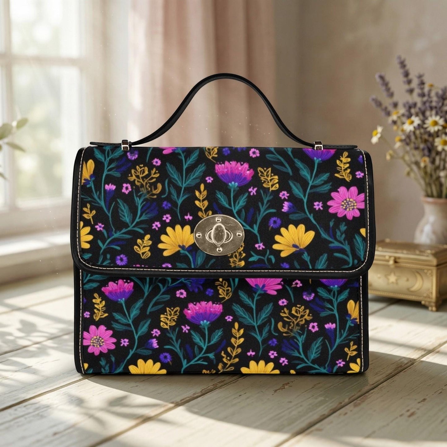 Dark Floral Crossbody Bag, Boho Wildflower Vegan Leather Strap Tote