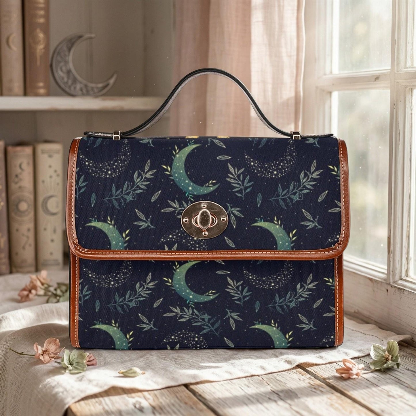 Celestial Satchel Bag, Crescent Moon Botanical Print Crossbody Handbag