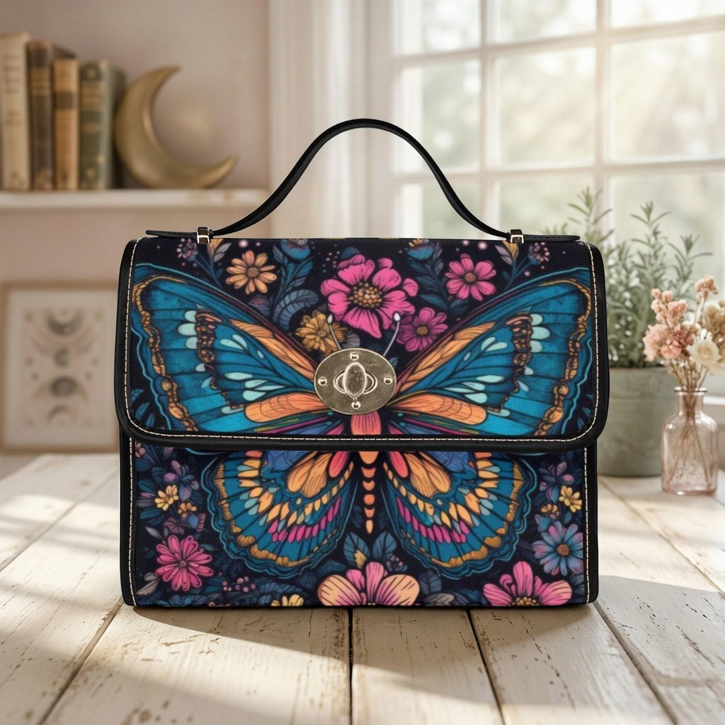 Psychedelic Butterfly Canvas Shoulder Bag, Floral Crossbody Satchel, Boho Hippie Purse