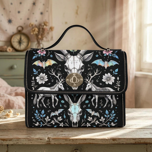 Witchy Crossbody Bag, Deer Skull Purse, Dark Floral Satchel for Cottage Goth Style