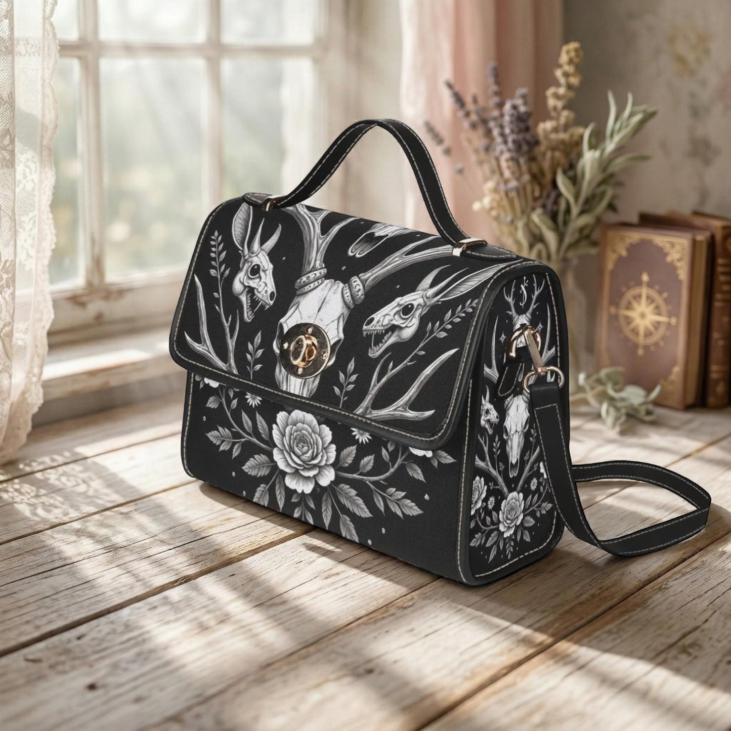 Gothic Deer Skull Satchel, Dark Floral Antler Handbag, Witchcore Evening Bag