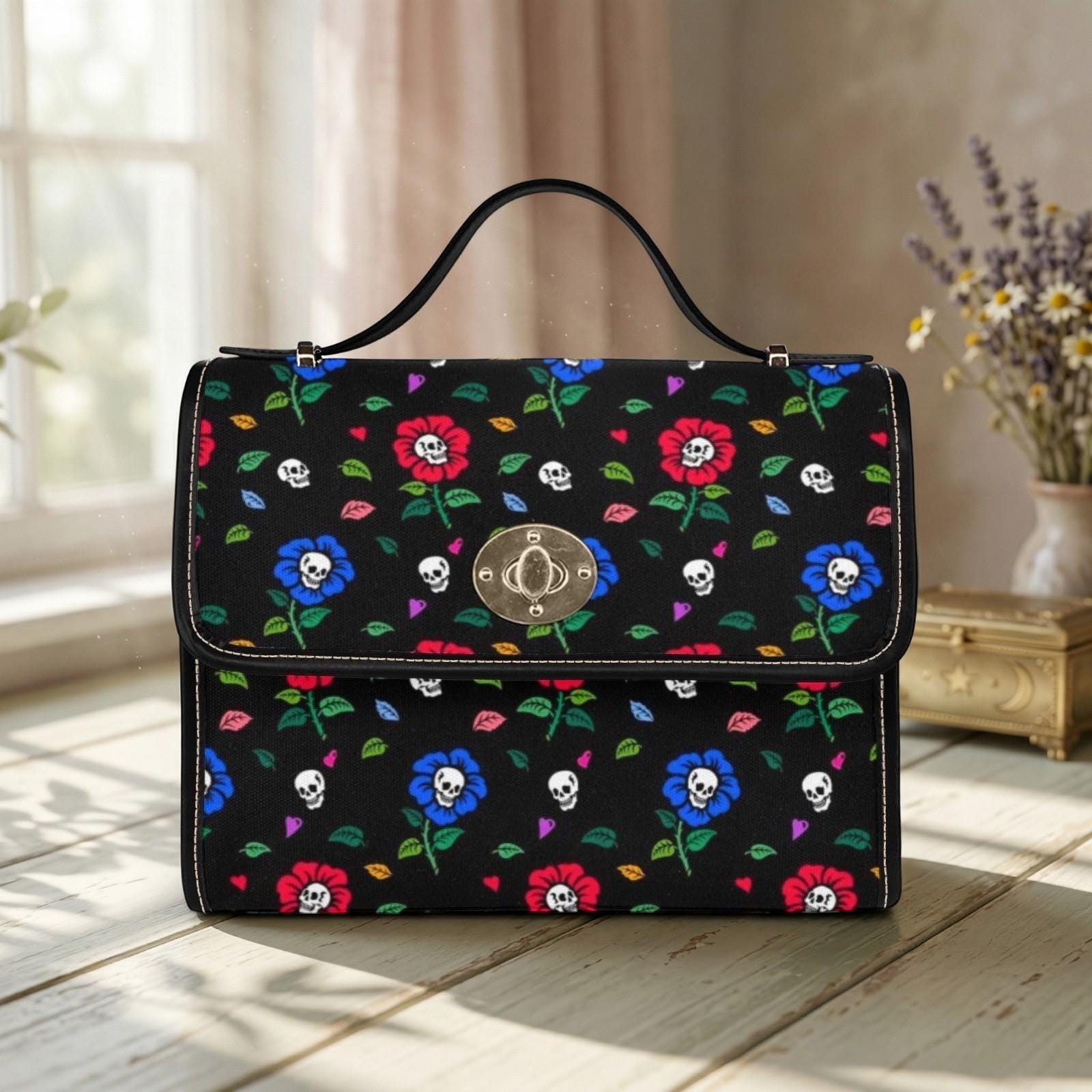 Skull Floral Satchel Bag, Spooky Pastel Goth Crossbody Purse