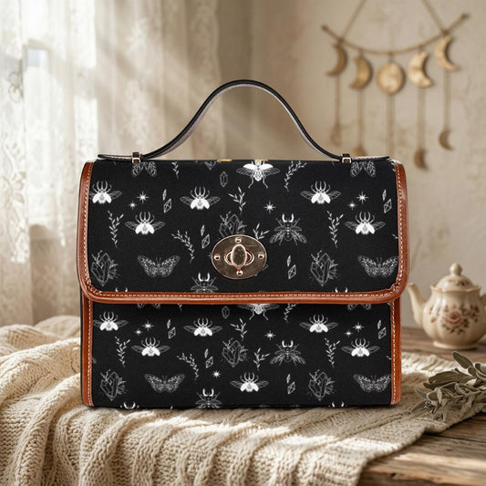Moth Crystal Top Handle Bag, Witchy Insect Purse, Dark Nature Structured Handbag, Gothic Forest Magic Bag