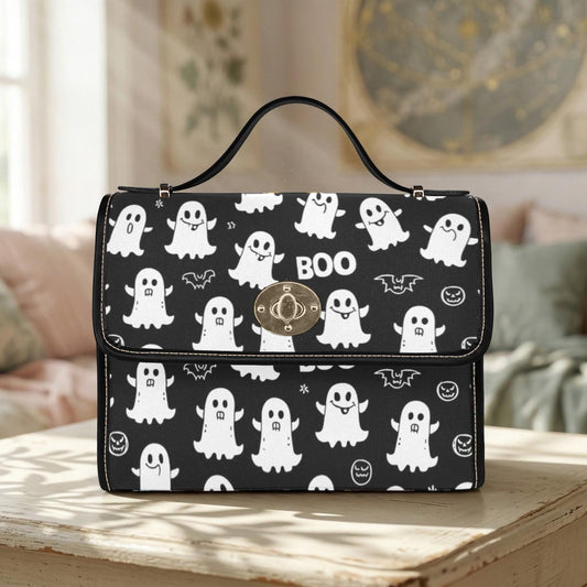 Ghost Print Top Handle Bag, Halloween Satchel, Waterproof Canvas Crossbody Purse for Spooky Season