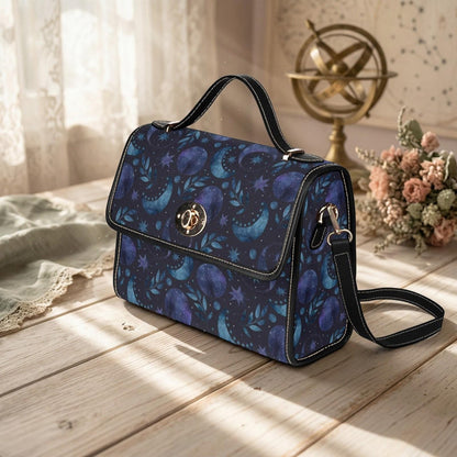 Blue Celestial Top Handle Bag, Moon Stars Purse, Night Sky Handbag