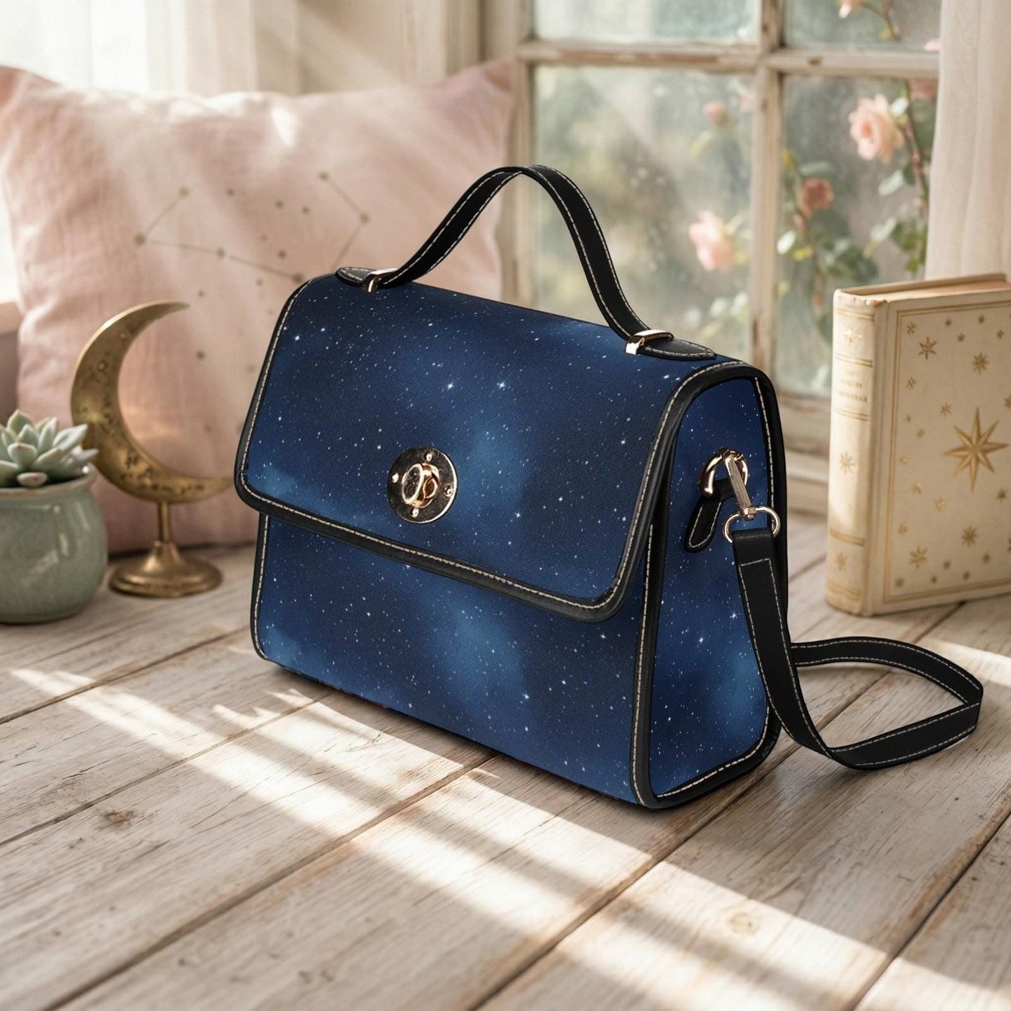 Starry Sky Satchel, Celestial Galaxy Print Purse, Dark Blue Space Handbag with Stars