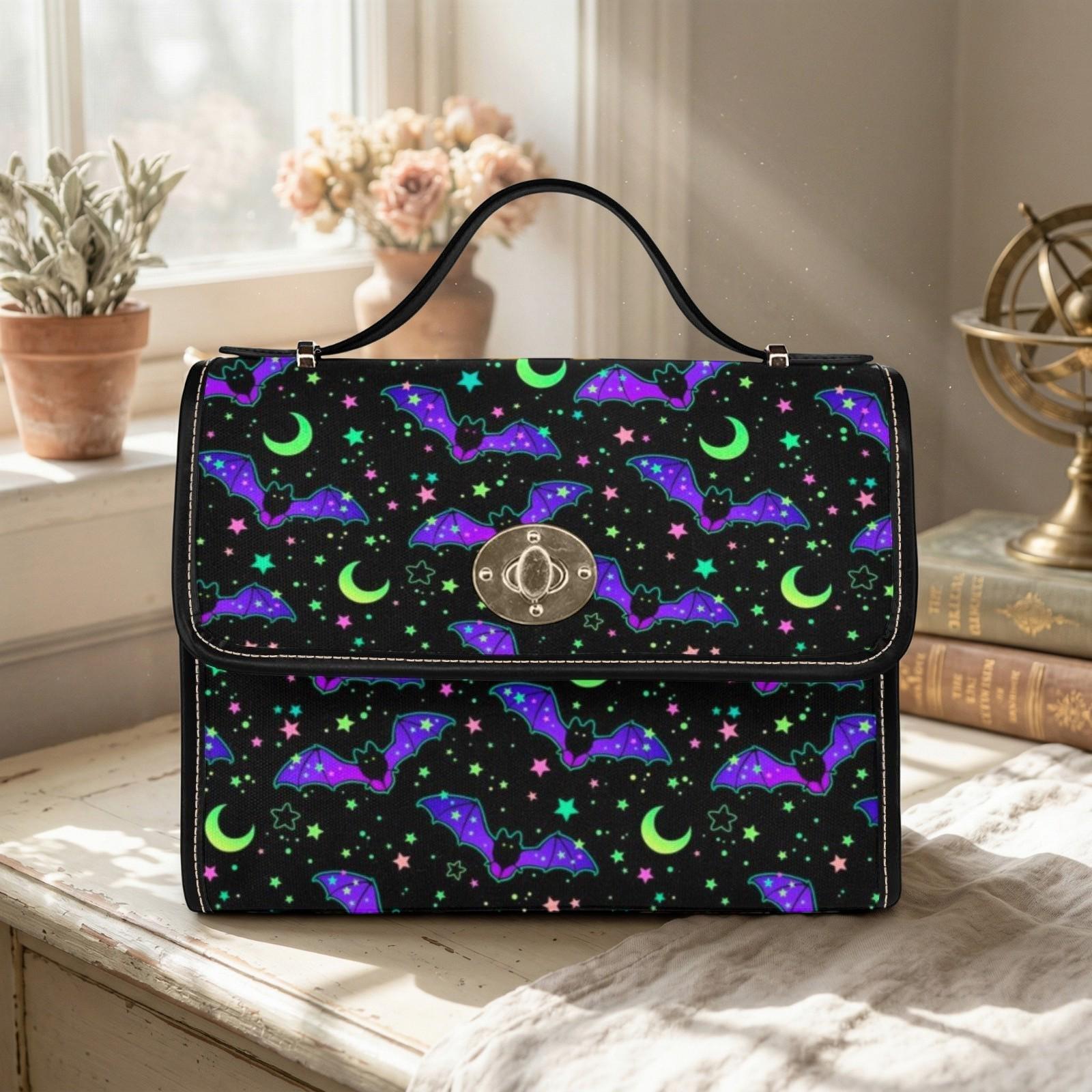 Neon Bat Print Satchel, Spooky Halloween Top Handle Bag, Purple Green Goth Purse