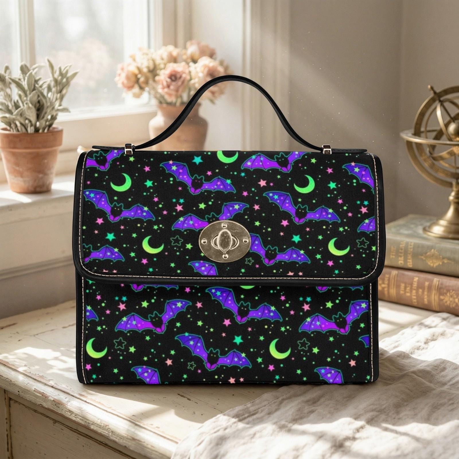 Bat Moon Satchel Purse, Spooky Cute Top Handle Bag, Halloween Night Handbag