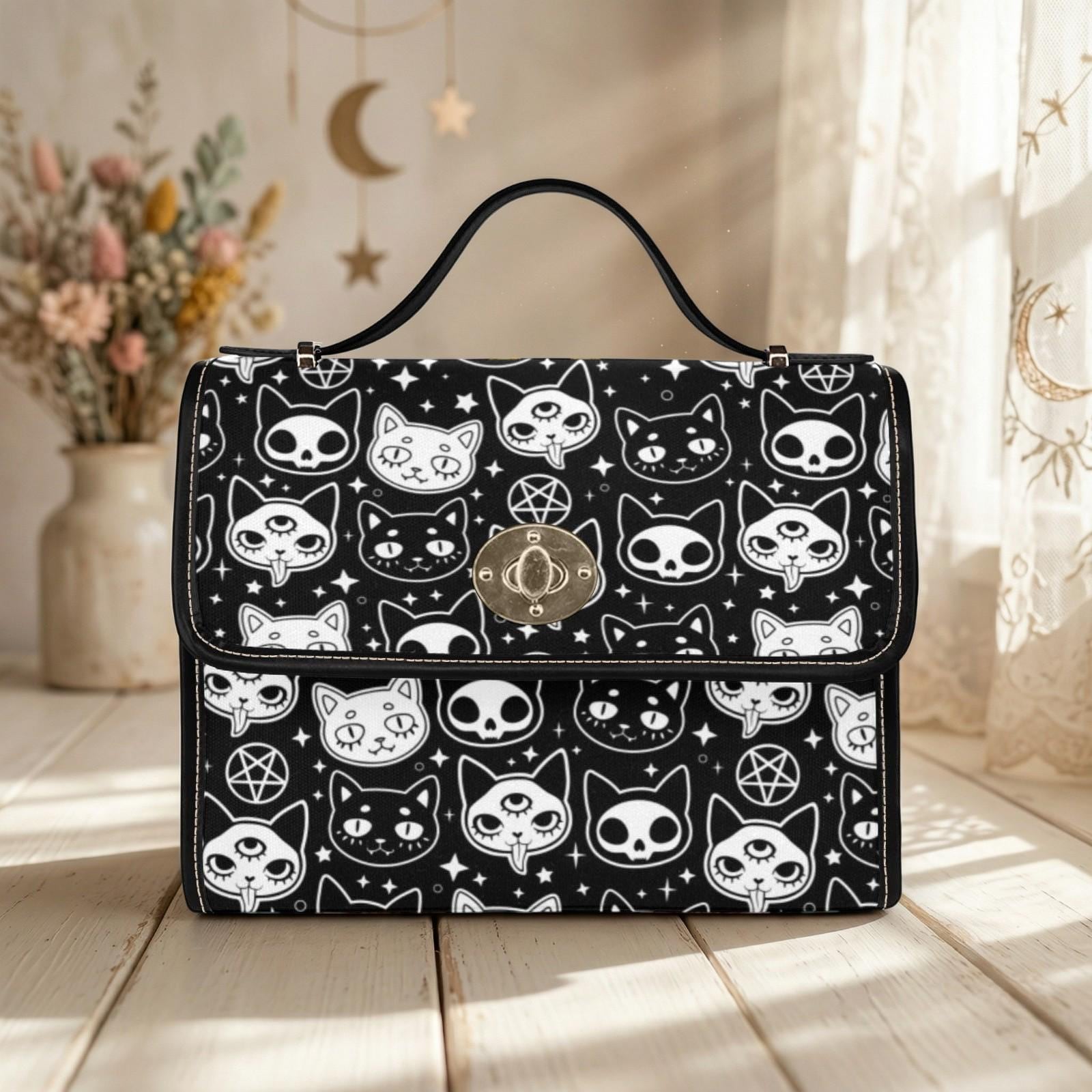 Goth Cat Handbag, Witchy Top Handle Purse, Occult Black White Satchel for Women