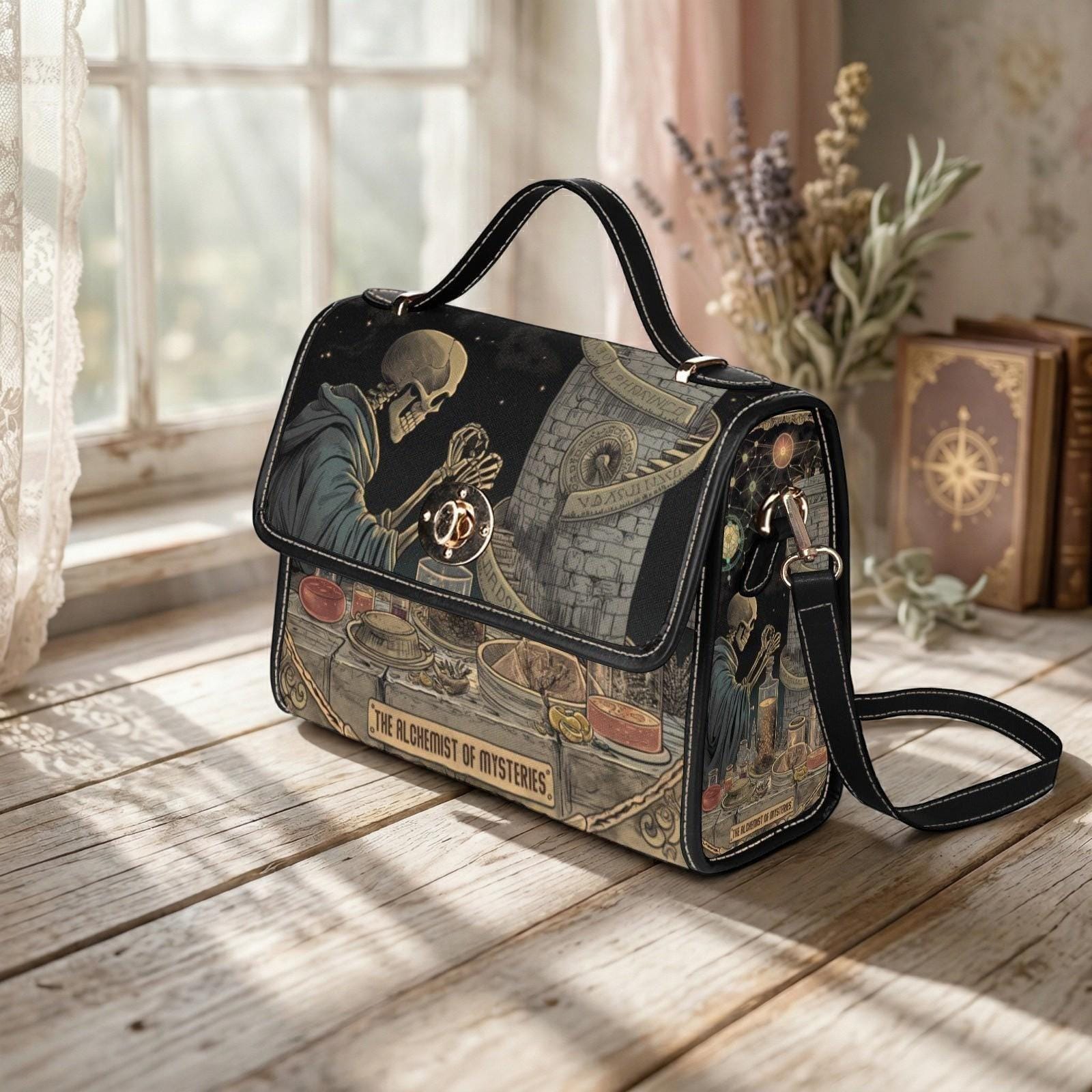 Dark Academia Alchemist Satchel, Gothic Skeleton Bag, Occult Vintage Apothcary Handbag