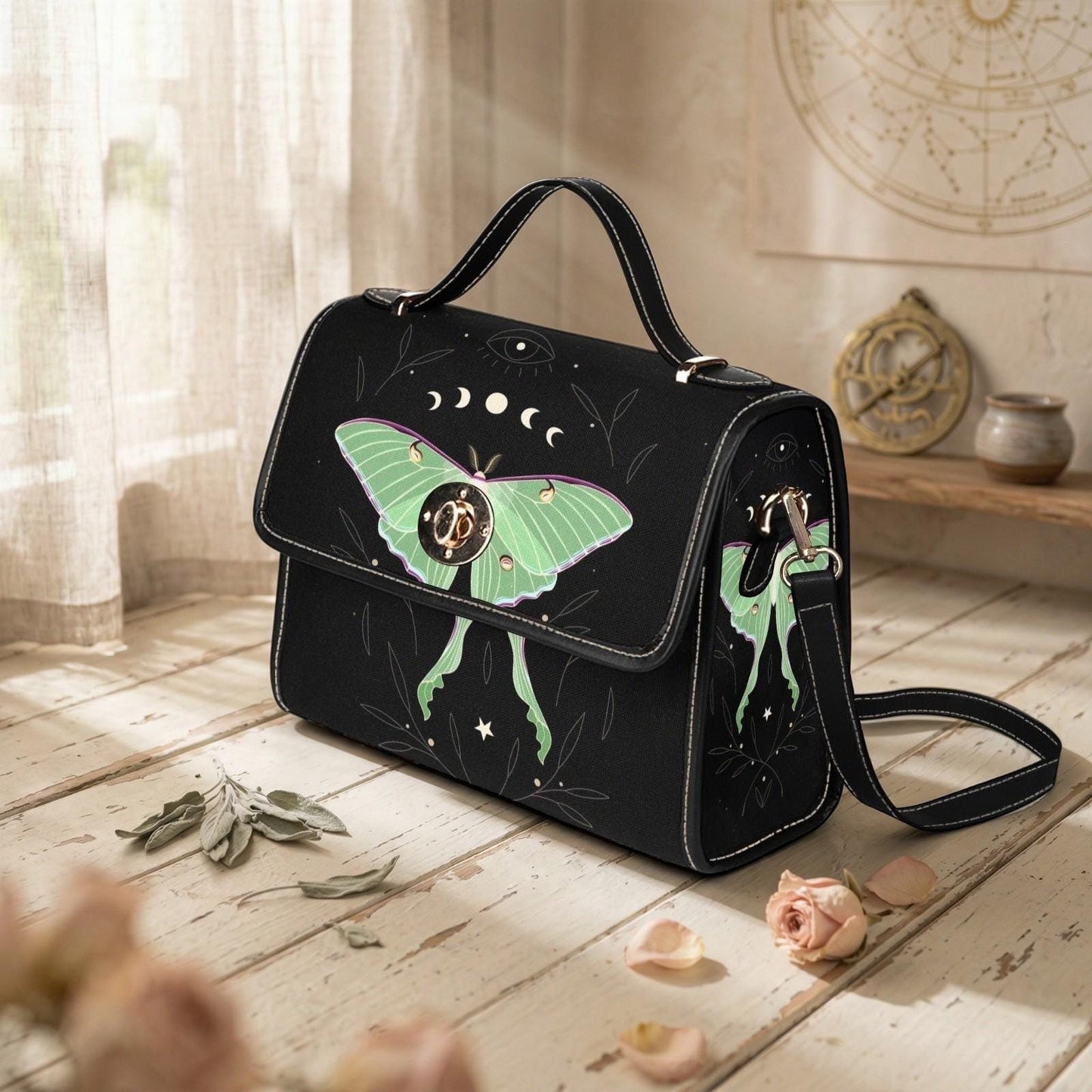 Luna Moth Bag, Mint Green Crossbody, Moon Phase Purse, Celestial Insect Print, Goth Moth Style, Forest Witch Gift, Mystical Bug Accessory