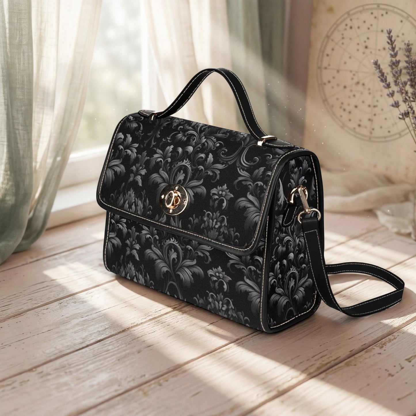 Gothic Damask Canvas Satchel, Victorian Vamp Crossbody Bag