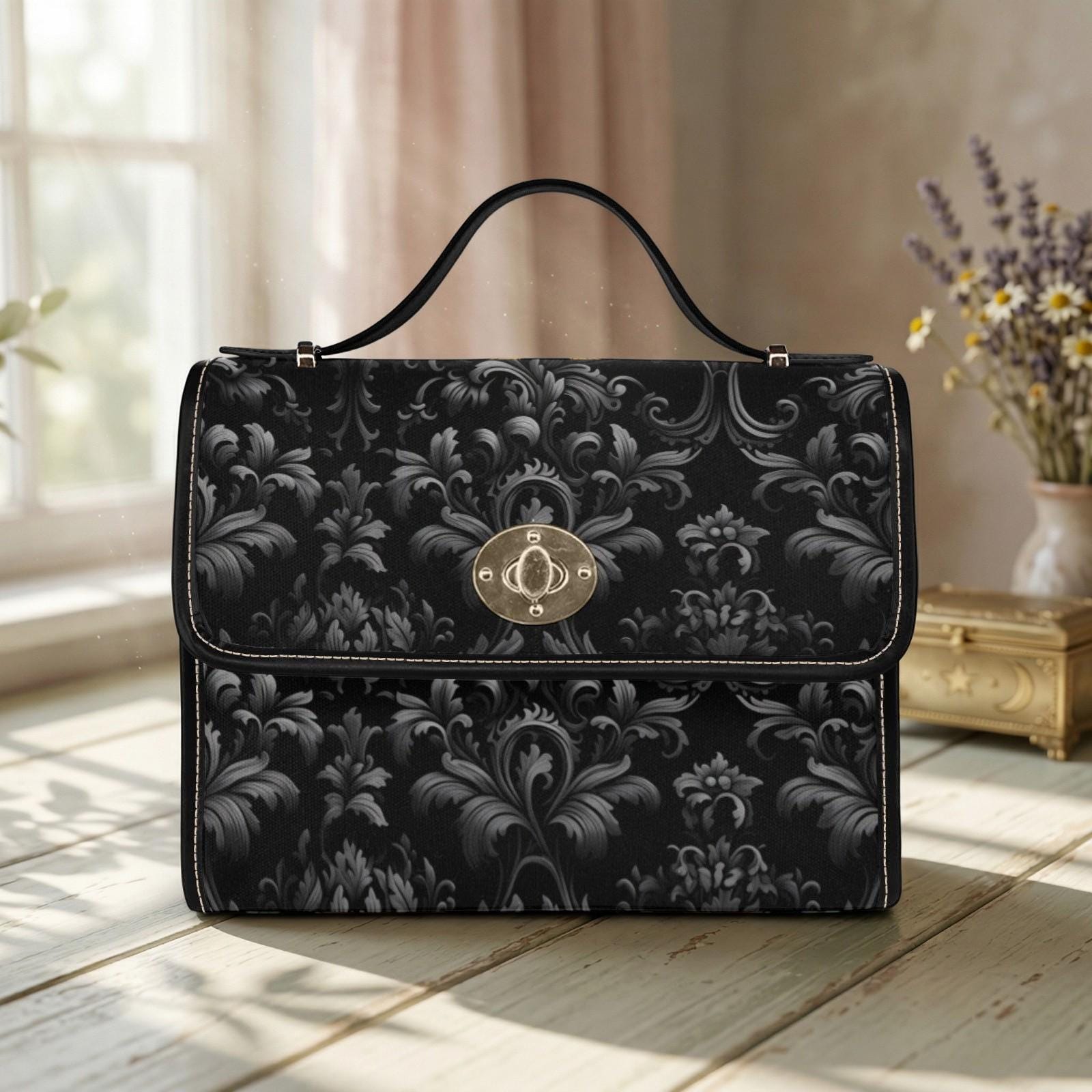 Gothic Damask Canvas Satchel, Victorian Vamp Crossbody Bag