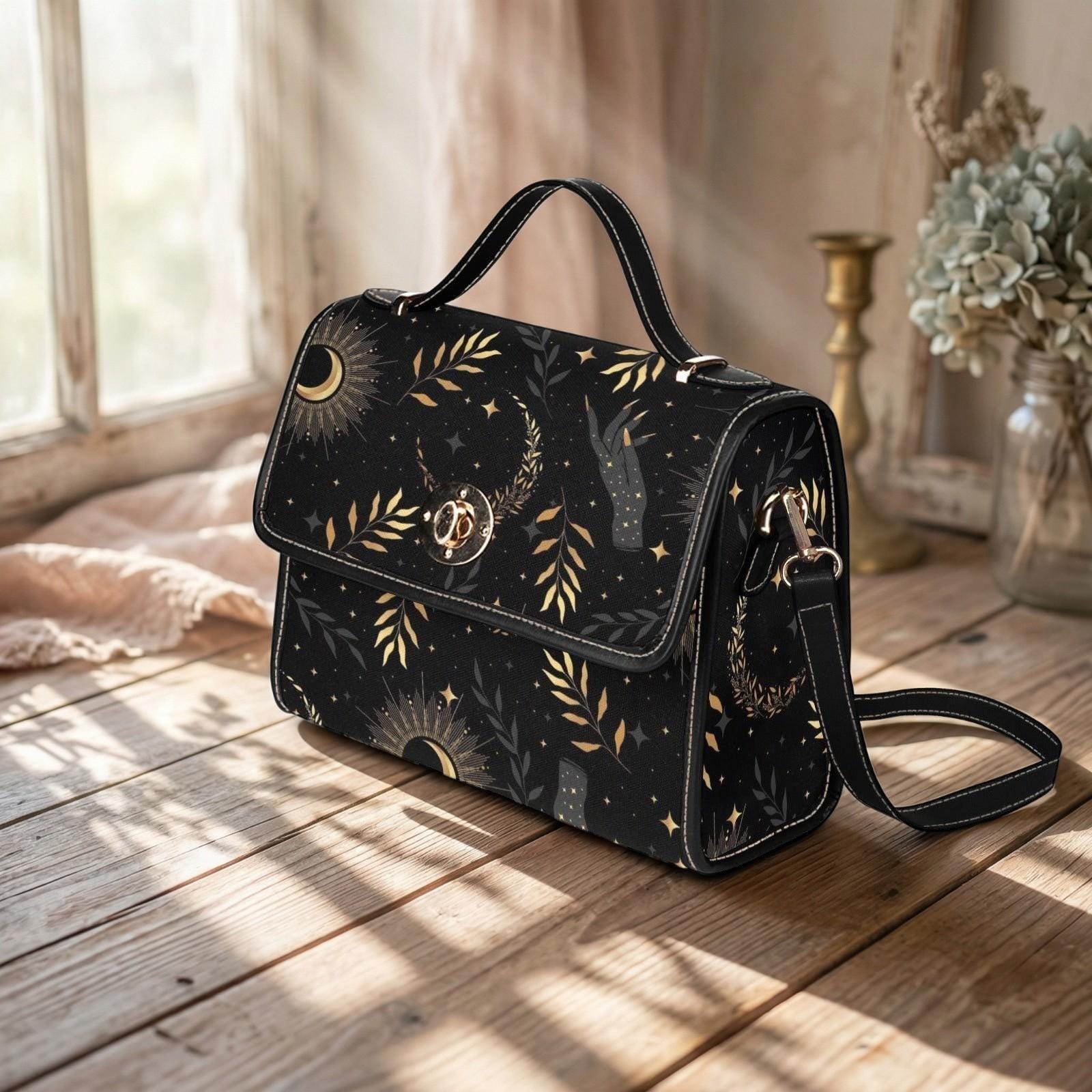 Moon Phase Handbag, Night Sky Purse, Dark Academia Top Handle Bag