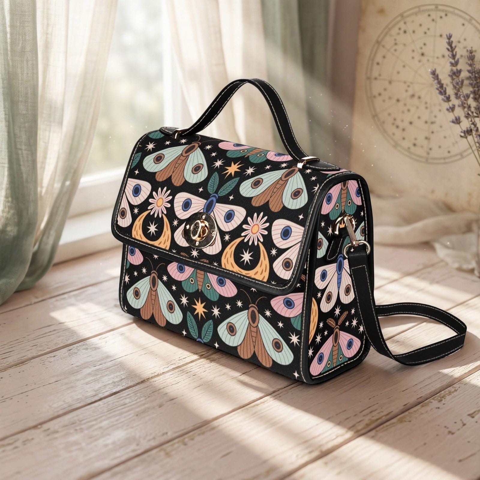 Celestial Moth Top Handle Purse, Moon Star Handbag, Witchy Art Nouveau Statement Bag