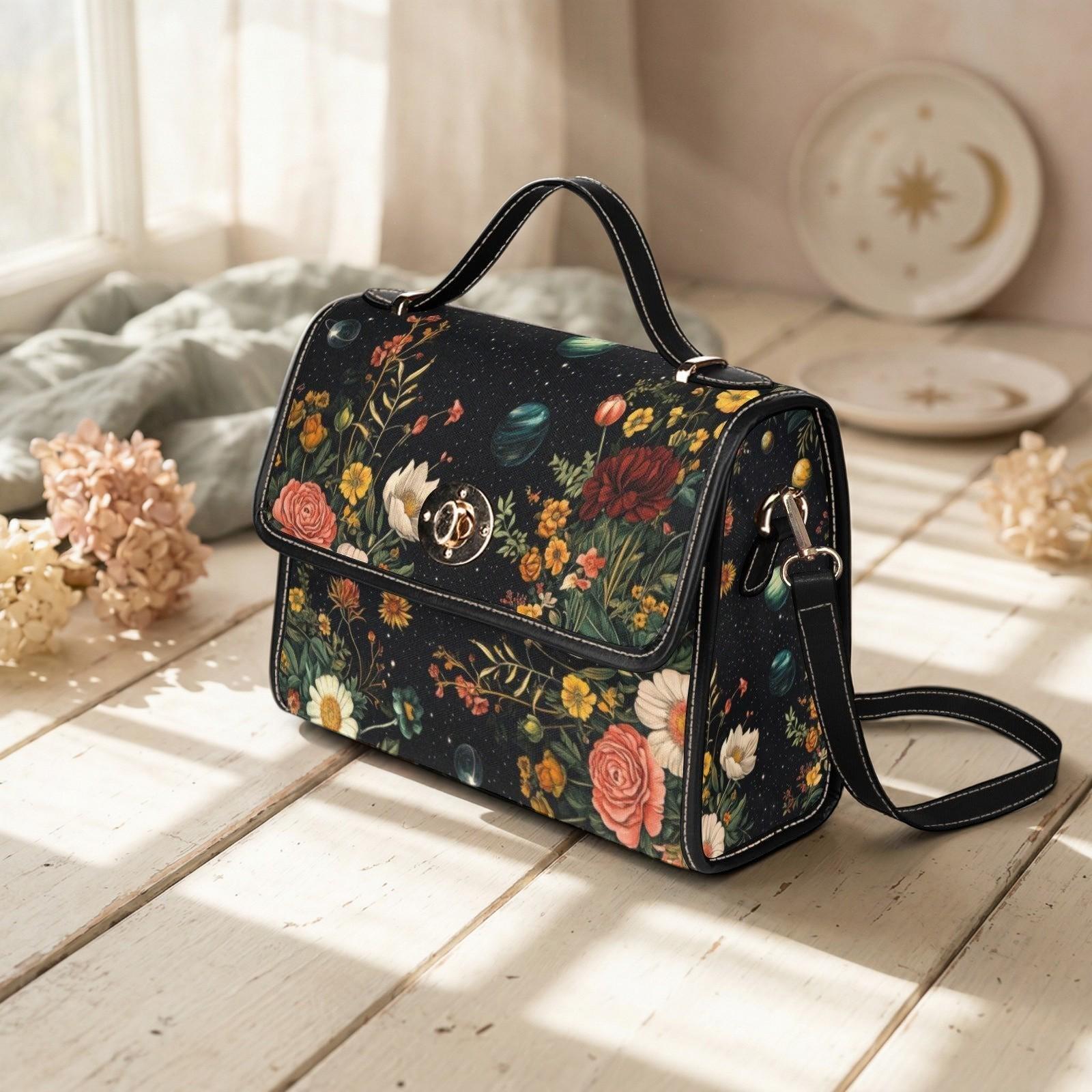 Celestial Floral Satchel Bag, Dark Botanical Top Handle Purse, Moon Garden Handbag
