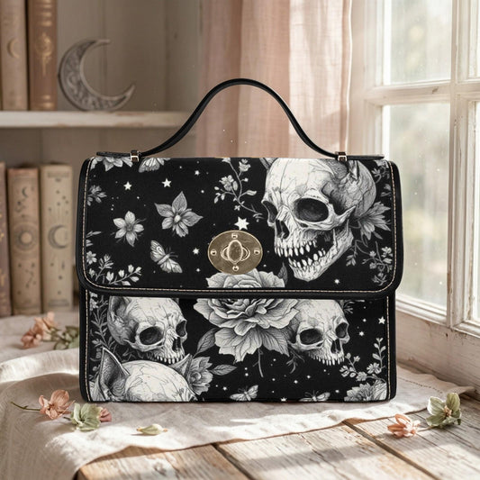 Rose skull pattern satchel, black floral crossbody purse, eerie butterfly print handbag