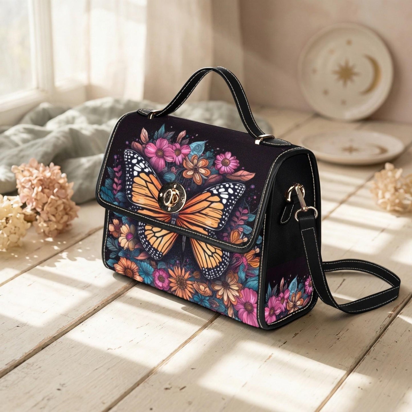 Monarch Butterfly Floral Bag, Whimsical Garden Purse, Fairycore Crossbody, Spring Nature Handbag