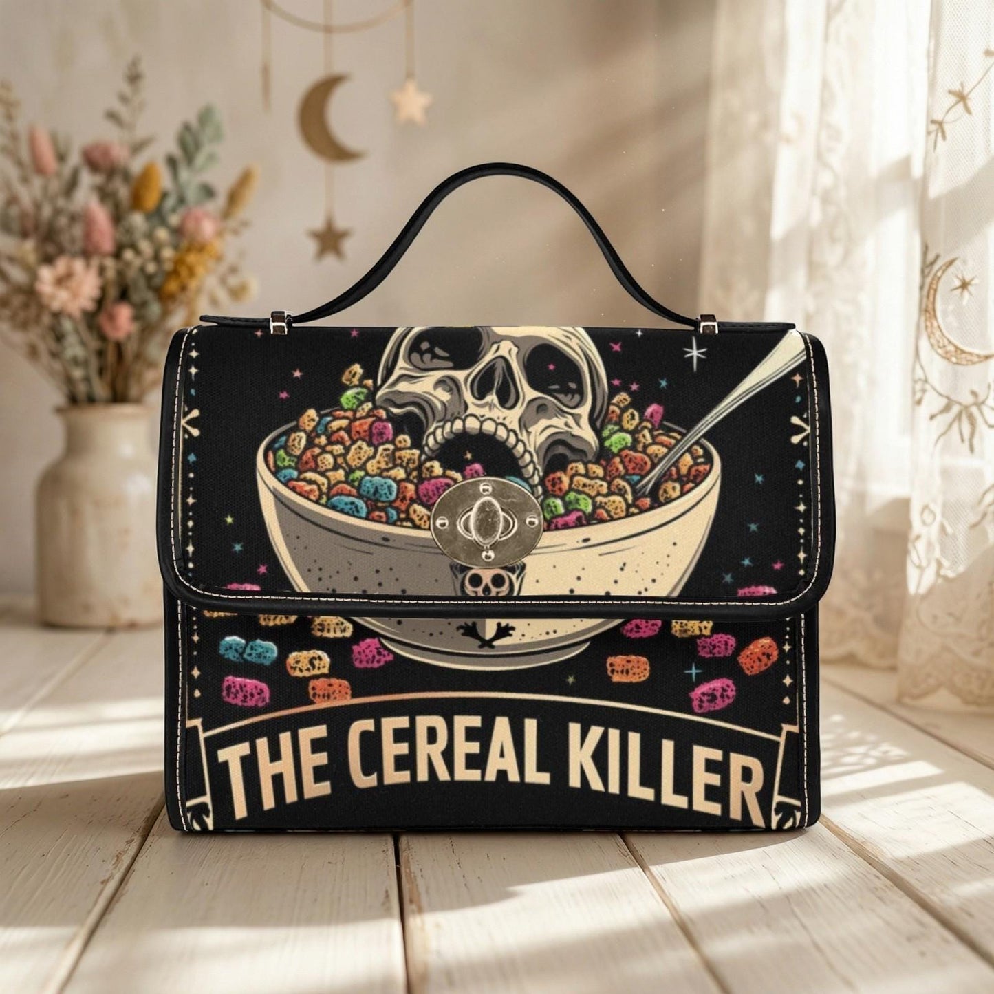 Cereal killer satchel, spooky retro crossbody, skeleton skull purse, halloween novelty handbag, creepy cute shoulder bag,festival horror bag