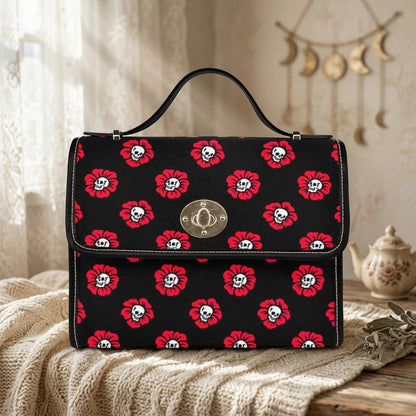 Red Poppy Skull Satchel, Gothic Floral Crossbody Bag, Waterproof Canvas with Vegan Leather Straps