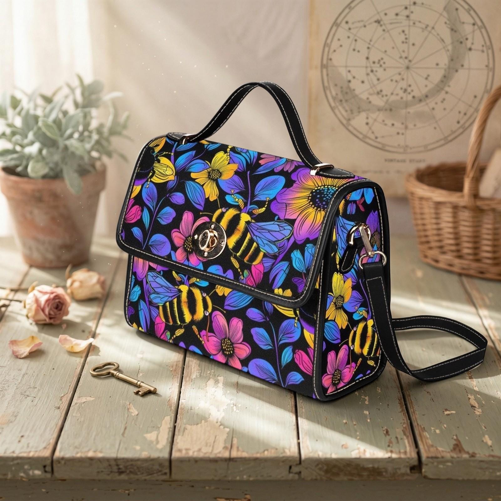 Bumble Bee Handbag, Neon Floral Satchel, Wildflower Top Handle Bag
