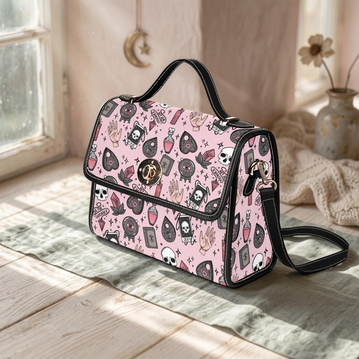 Pink witch purse, spooky pastel handbag, structured kawaii satchel, pink occult crossbody bag, witchcore goth girl purse, cute aesthetic bag