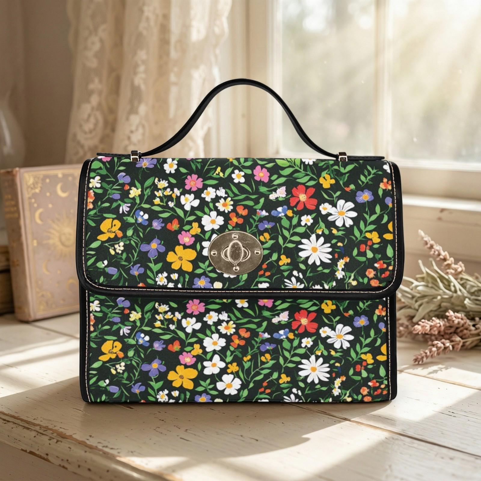 Black Floral Canvas Crossbody Bag, Wildflower Meadow Print Handbag