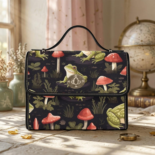 Frog and Mushroom Cottagecore Handbag, Whimsical Forest Bag, Fairycore, Naturecore, Waterproof Canvas, Fairy Witch Gift