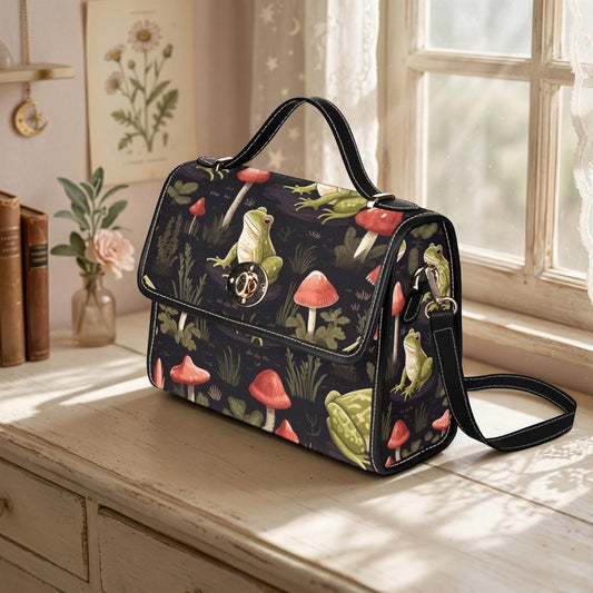 Frog and Mushroom Cottagecore Handbag, Whimsical Forest Bag, Fairycore, Naturecore, Waterproof Canvas, Fairy Witch Gift