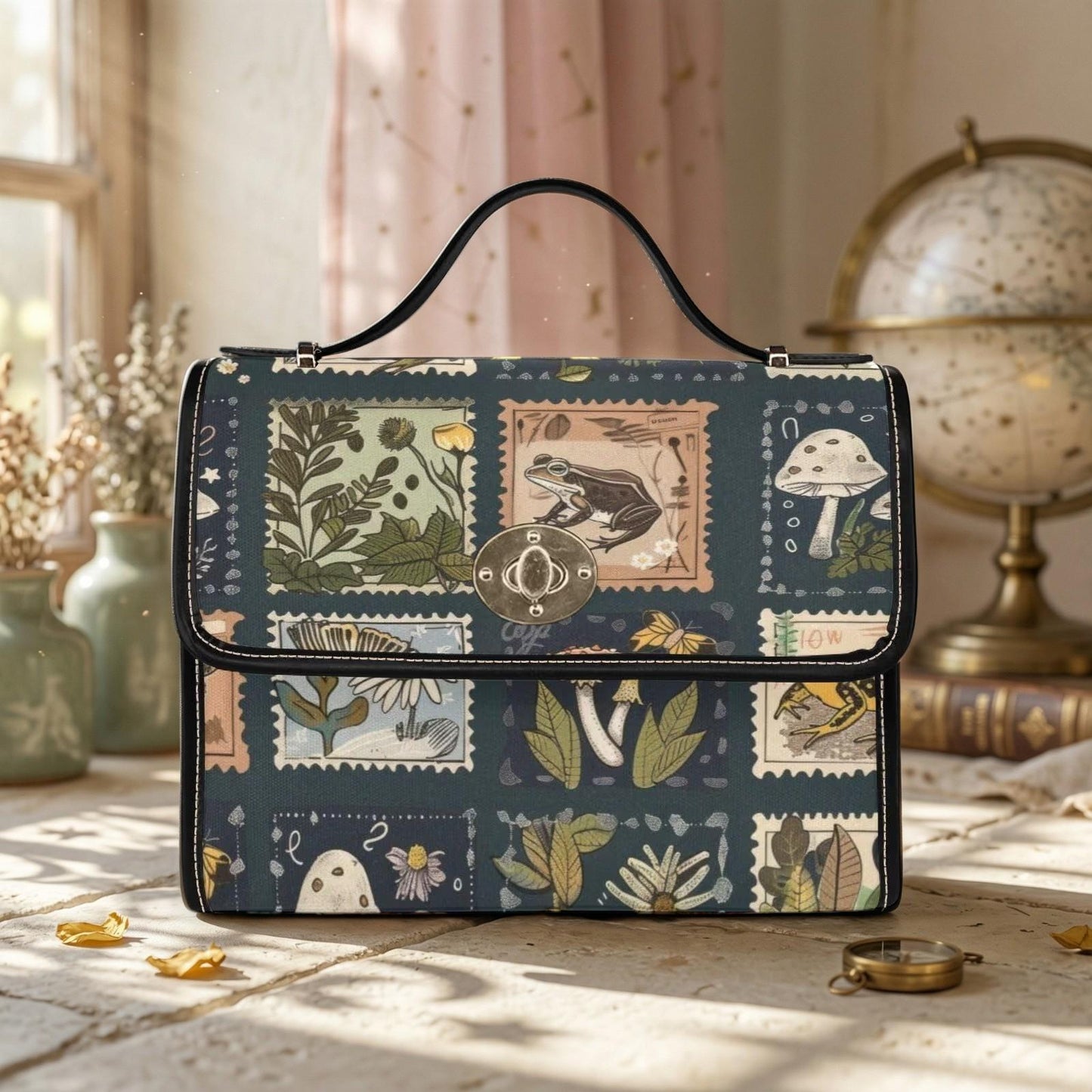 Crossbody Bag, Frog Botanical Purse, Dark Academia Stamp Print Satchel