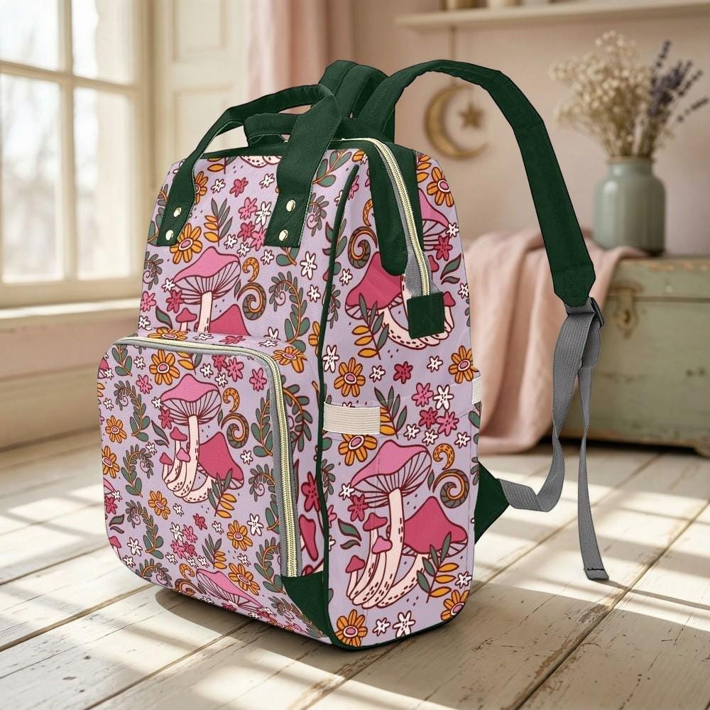 Pink mushroom floral backpack, retro flower baby diaper bag, cute whimsical mom tote