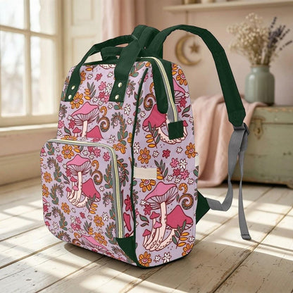 Pink mushroom floral backpack, retro flower baby diaper bag, cute whimsical mom tote