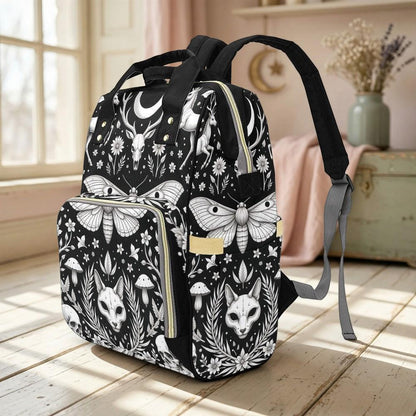 Celestial Diaper Bag Backpack, Monochrome Moth Nursery Organizer, Black Baby Travel Bag