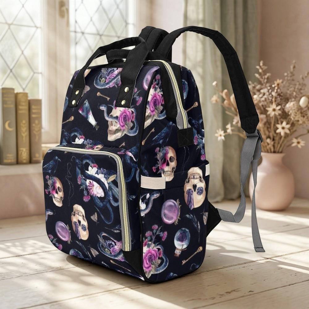 Gothic Diaper Backpack, Snake Skull Baby Bag, Alternative Mom Backpack Organizer
