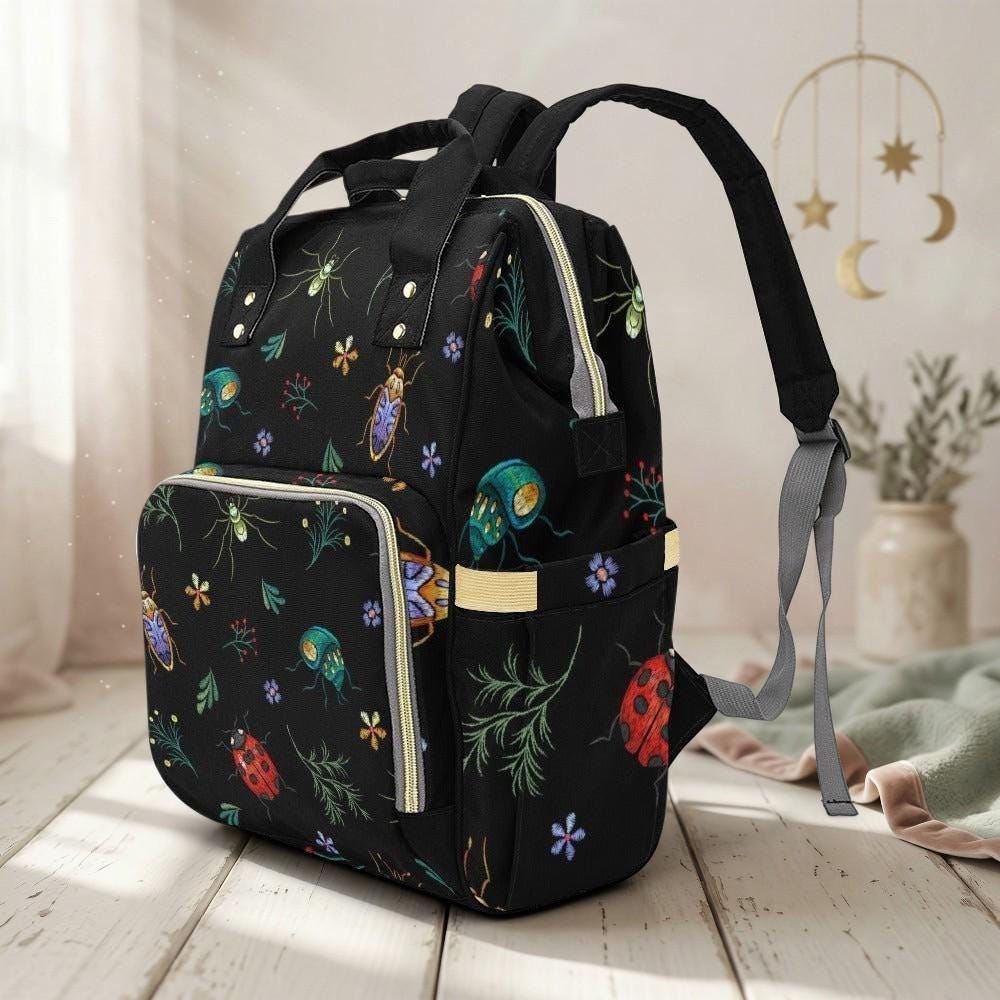 Diaper Bag Backpack with Bug Print, Mom Travel Backpack, Nursery Organizer, Stroller Bag