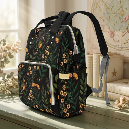 Dark Floral Diaper Backpack, Witchy Botanical Baby Travel Organizer, Cottagecore Mom Bag